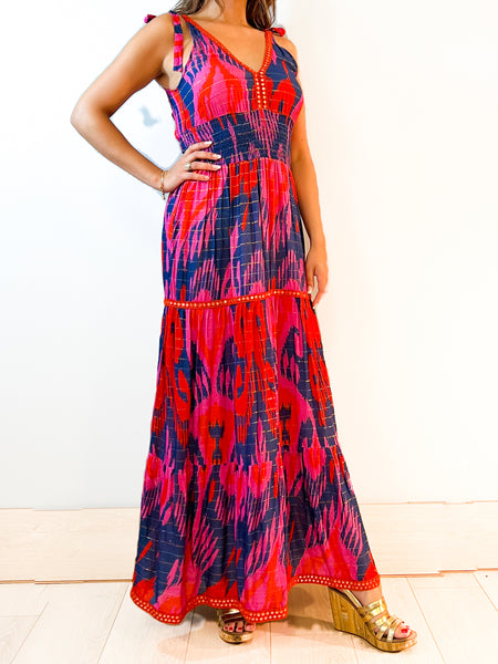Beaufort Tie Top Maxi Dress - Ikat Chandelier - Navy/Red/Fuchsia Pink