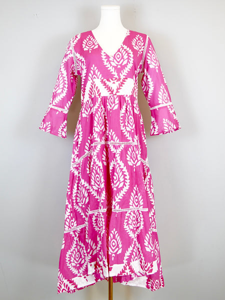 Water Mill Dress- Batik Leaf- Pink/White