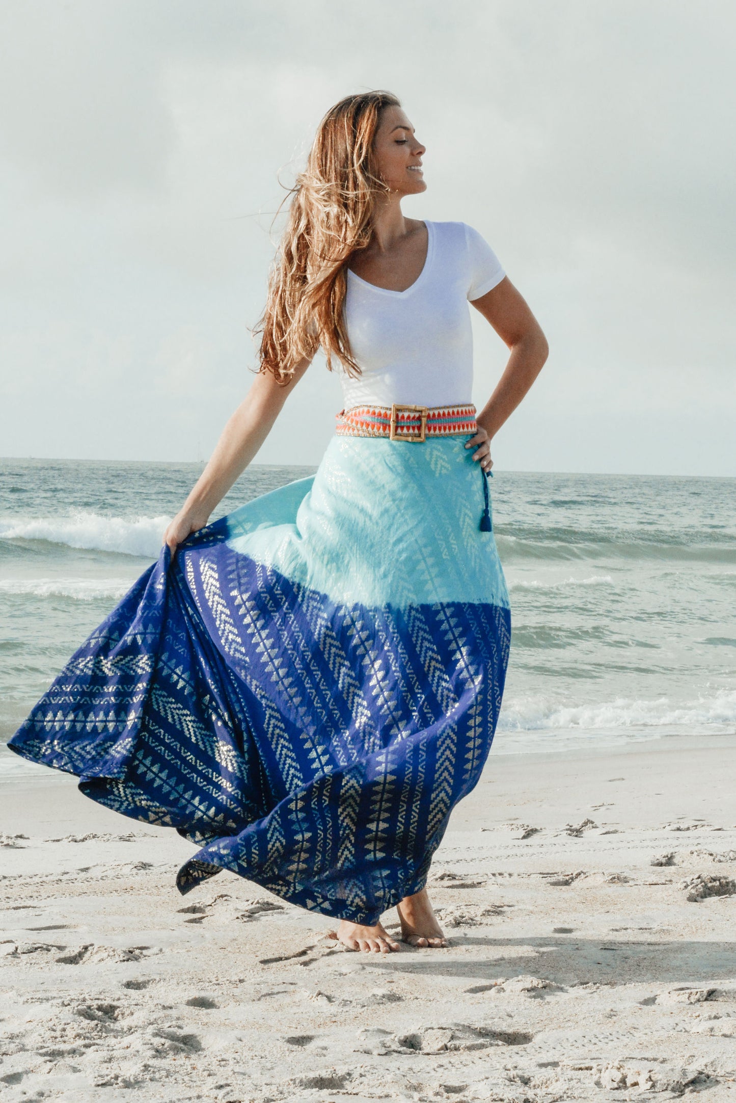Circle Maxi Skirt - Tribal Gold Lurex in Ombre Ocean Blues