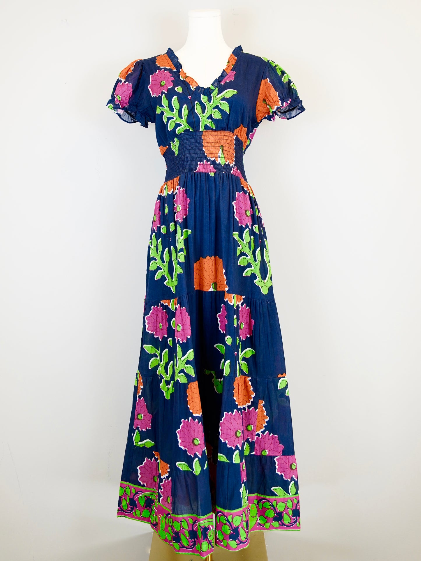 Beaufort Shortsleeve Maxi Dress - Mughal Carnation in Navy, Pink, Orange