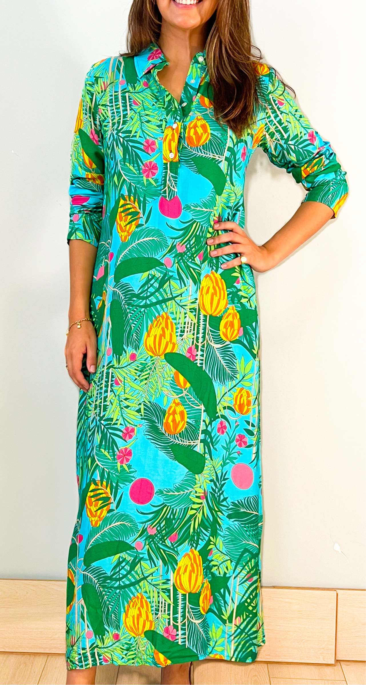 Shirtdress Maxi Dress- Banana Jungle - Capri Turquoise