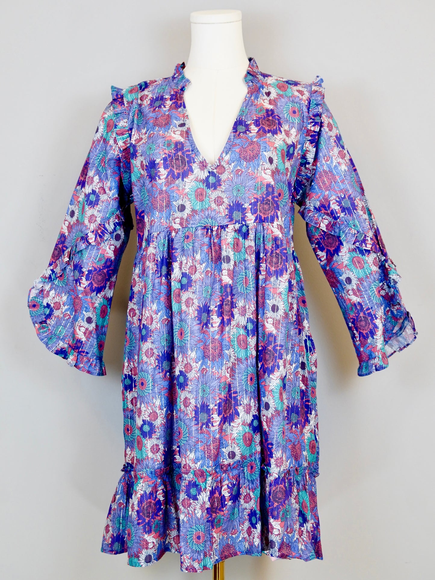 Claythorne Dress- Drawn Floral- Blues/Coral