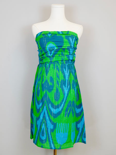 Ruched Strapless Dress- Ikat Heart- Green/Blues
