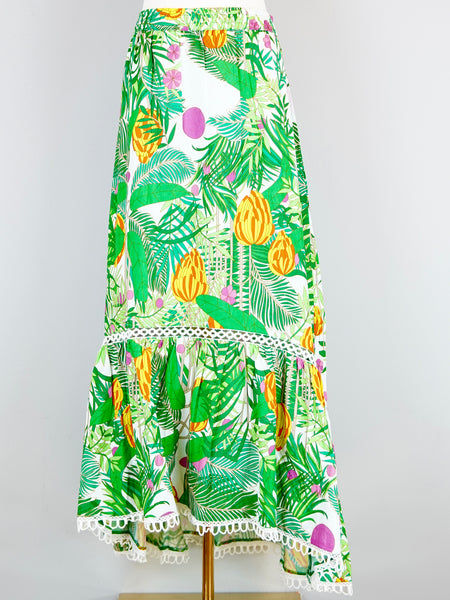 Hi-Lo Maxi Skirt - Banana Jungle - White