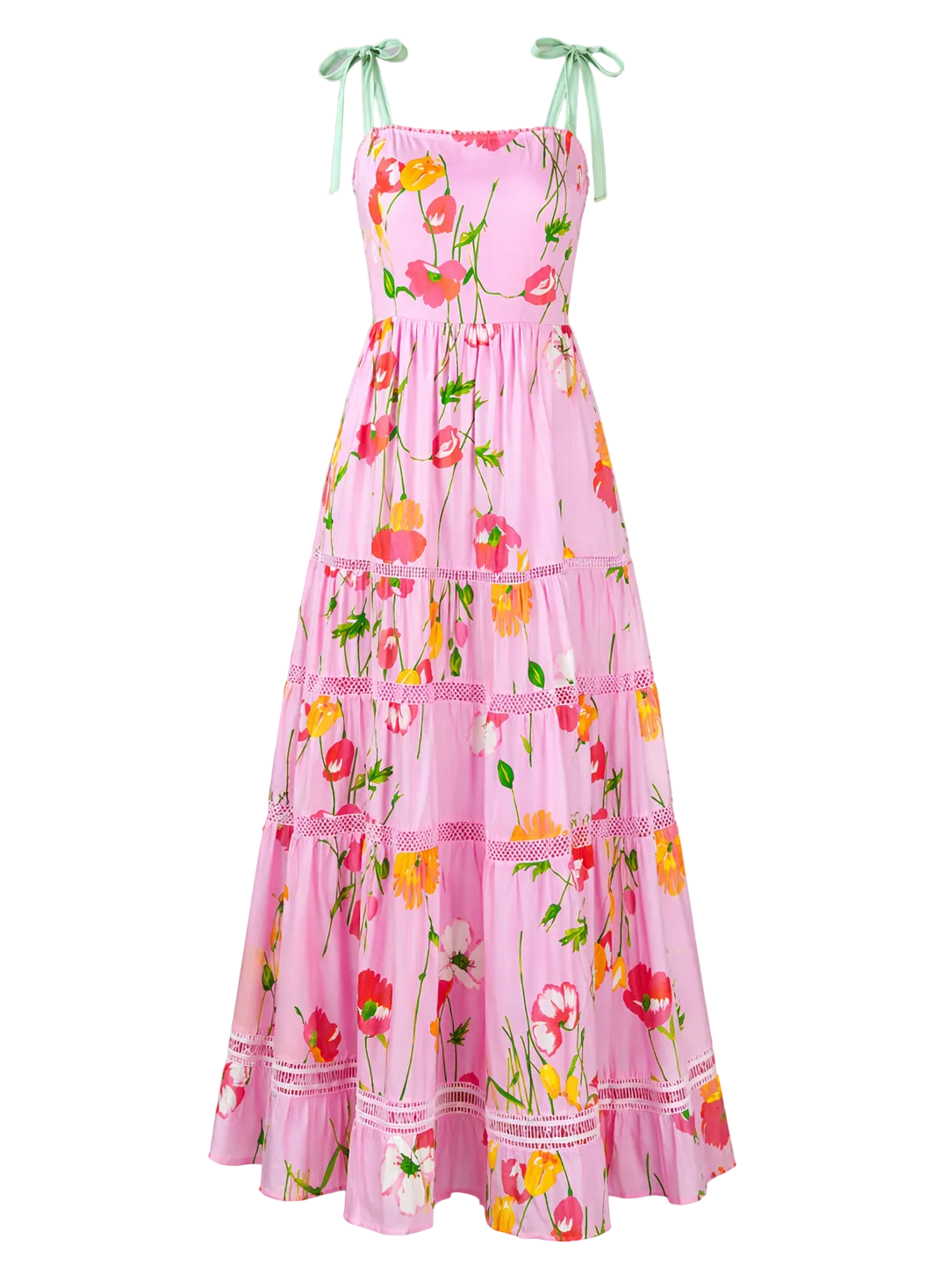 Pink floral dress with green straps on a gray background