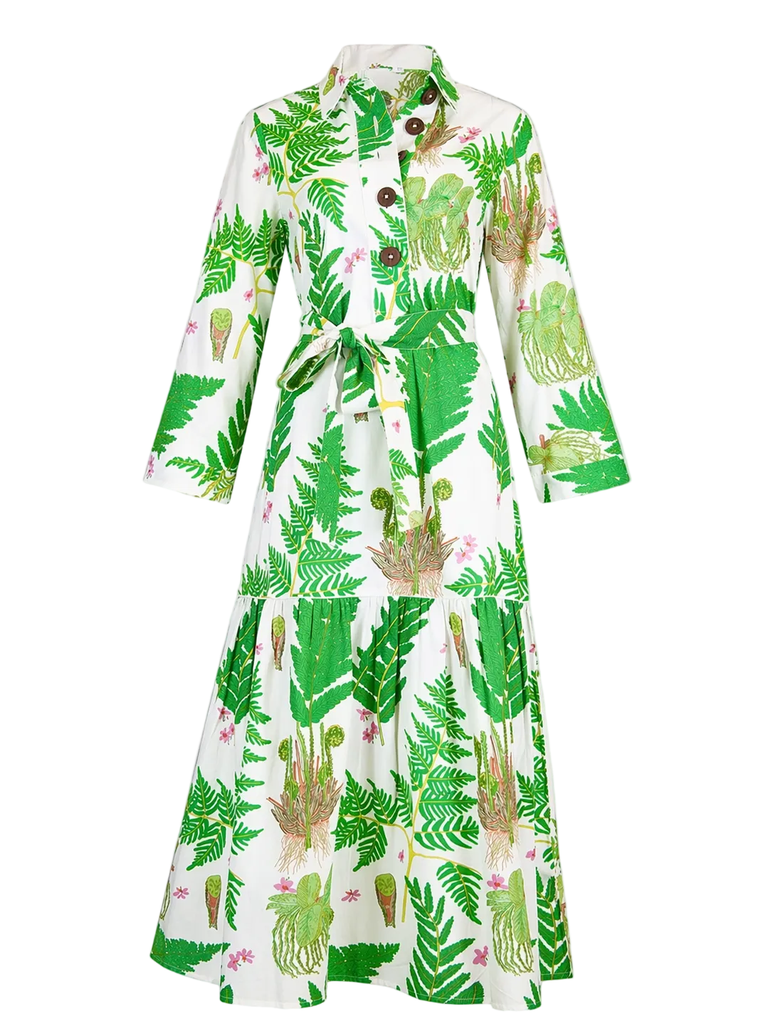 Green and white dress with a leaf pattern on a gray background