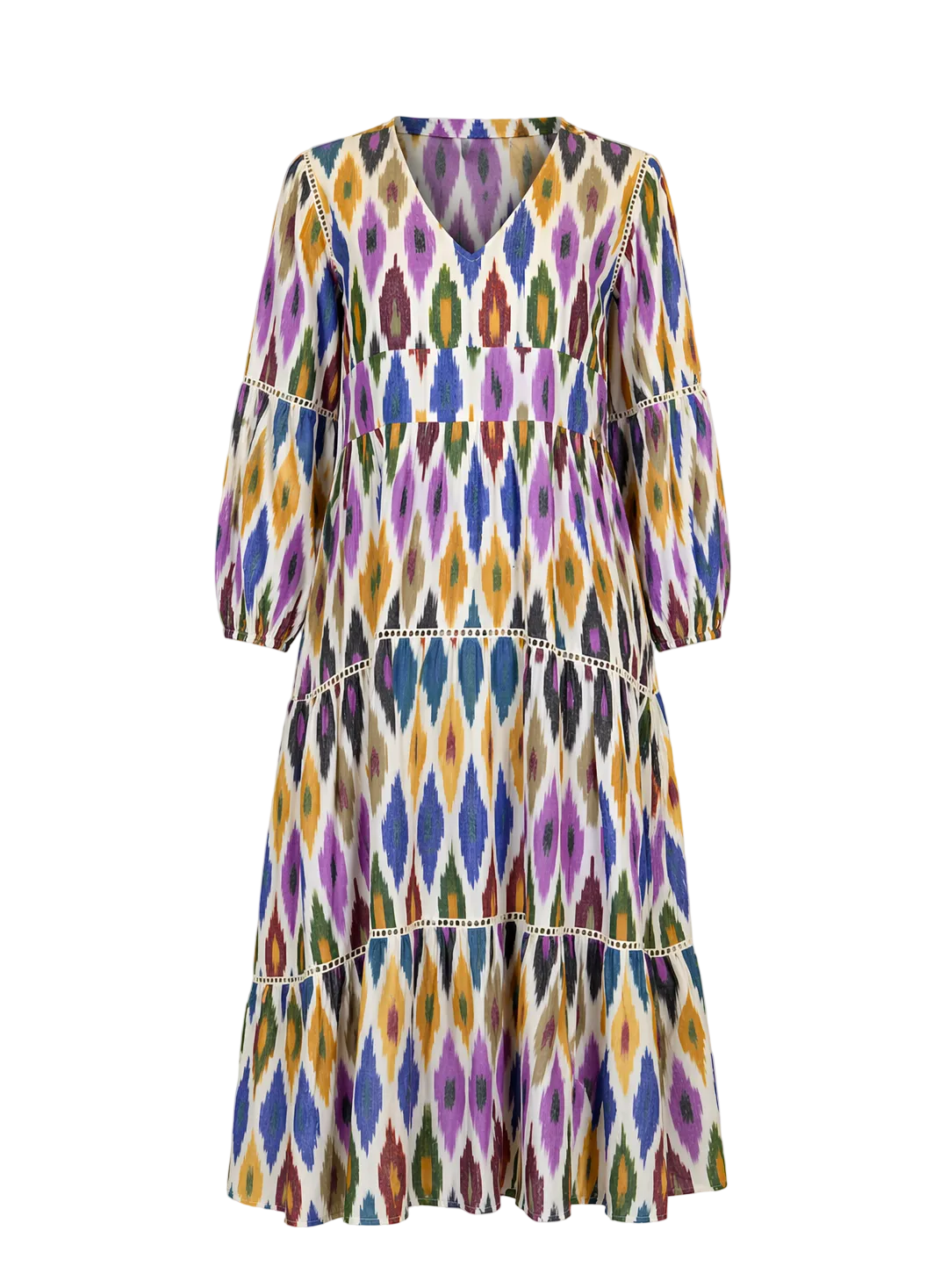 Multicolored patterned dress on a gray background