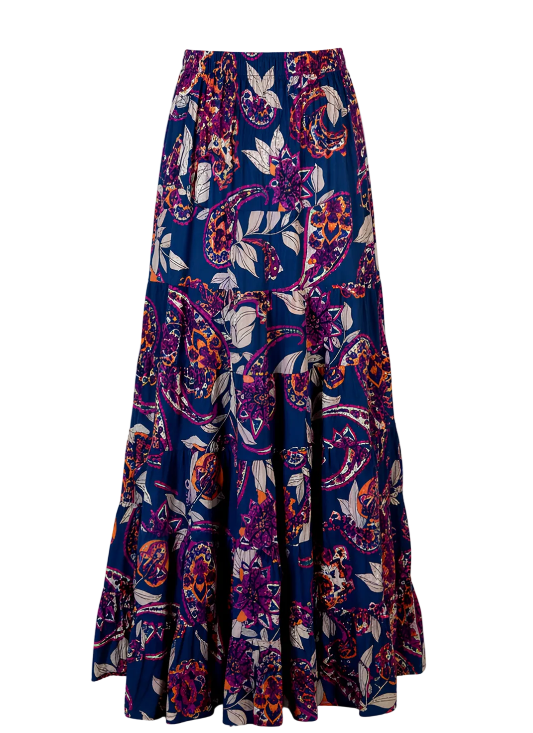 Long, patterned skirt with a mix of colors on a gray background