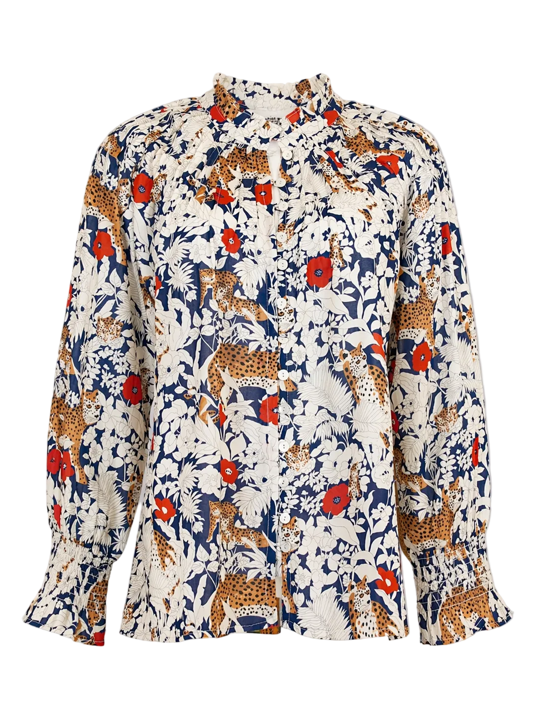 Floral and animal patterned blouse on a gray background