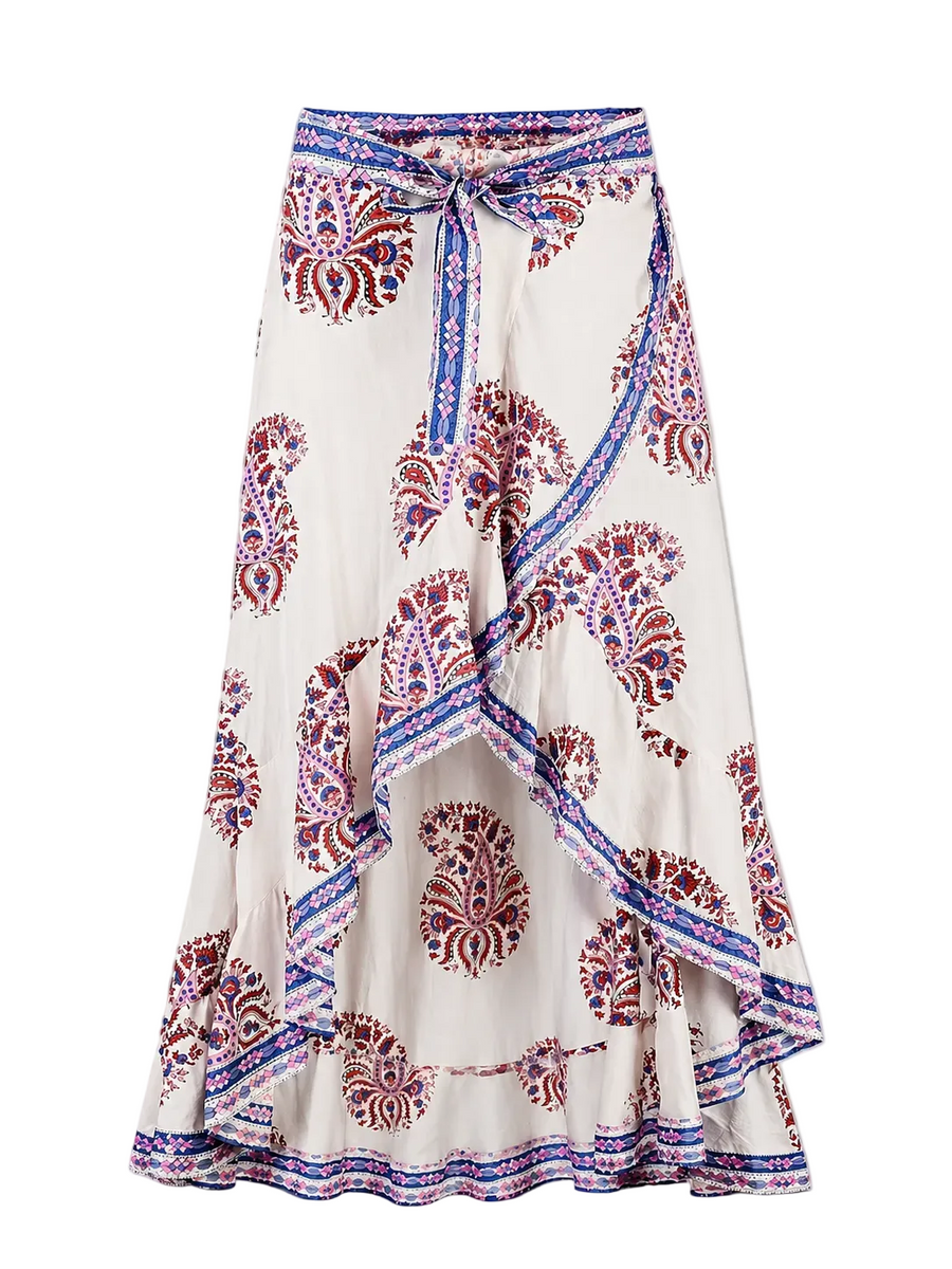 Sheridan Faux Wrap Skirt - Mughal Paisley Block Print, White, Pink