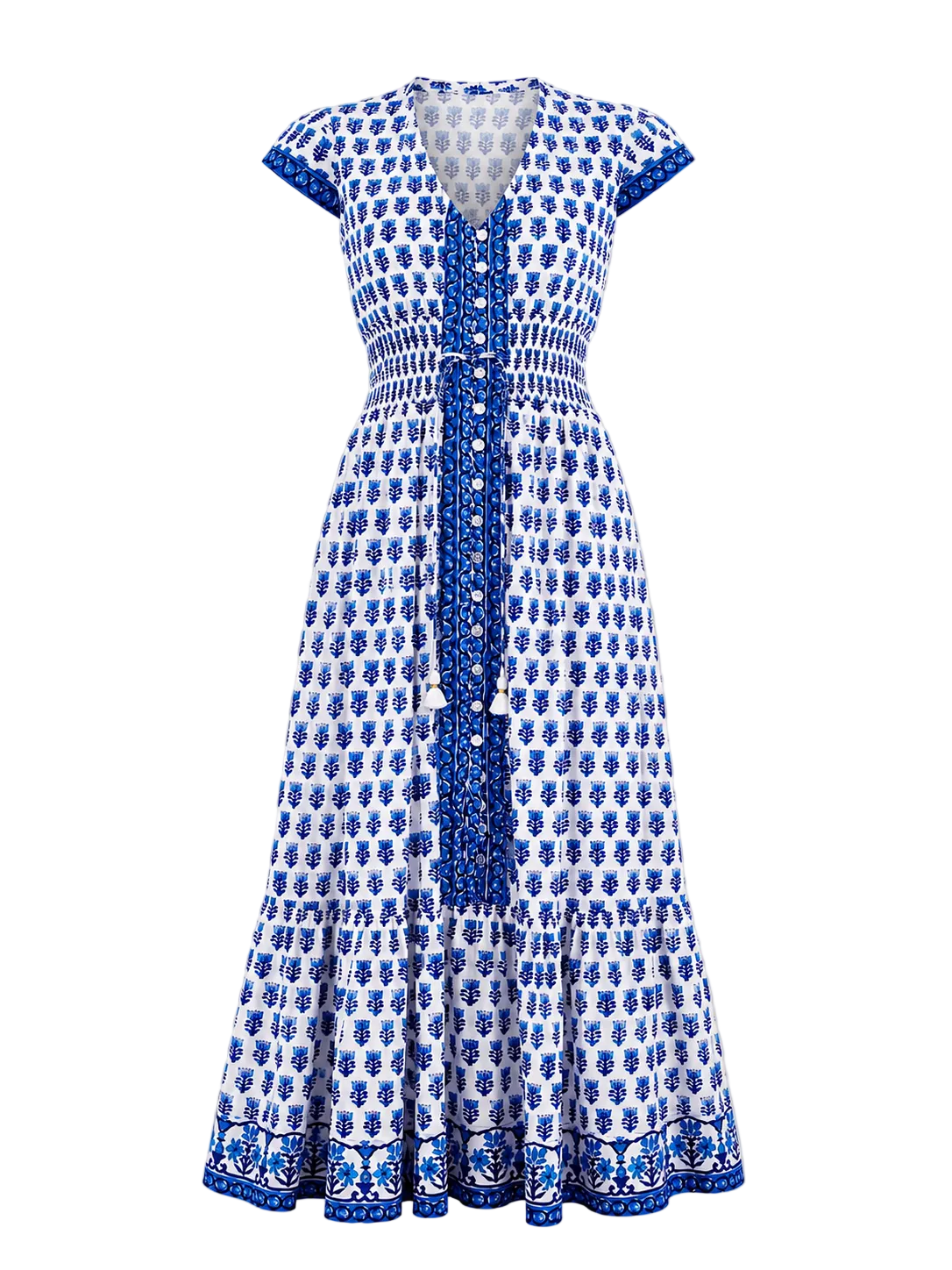 Blue and white patterned dress on a gray background