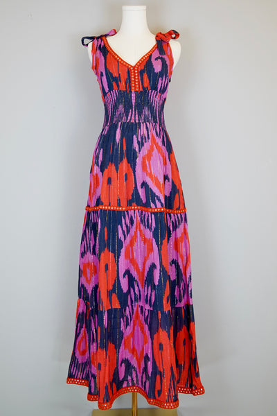 Beaufort Tie Top Maxi Dress - Ikat Chandelier - Navy/Red/Fuchsia Pink