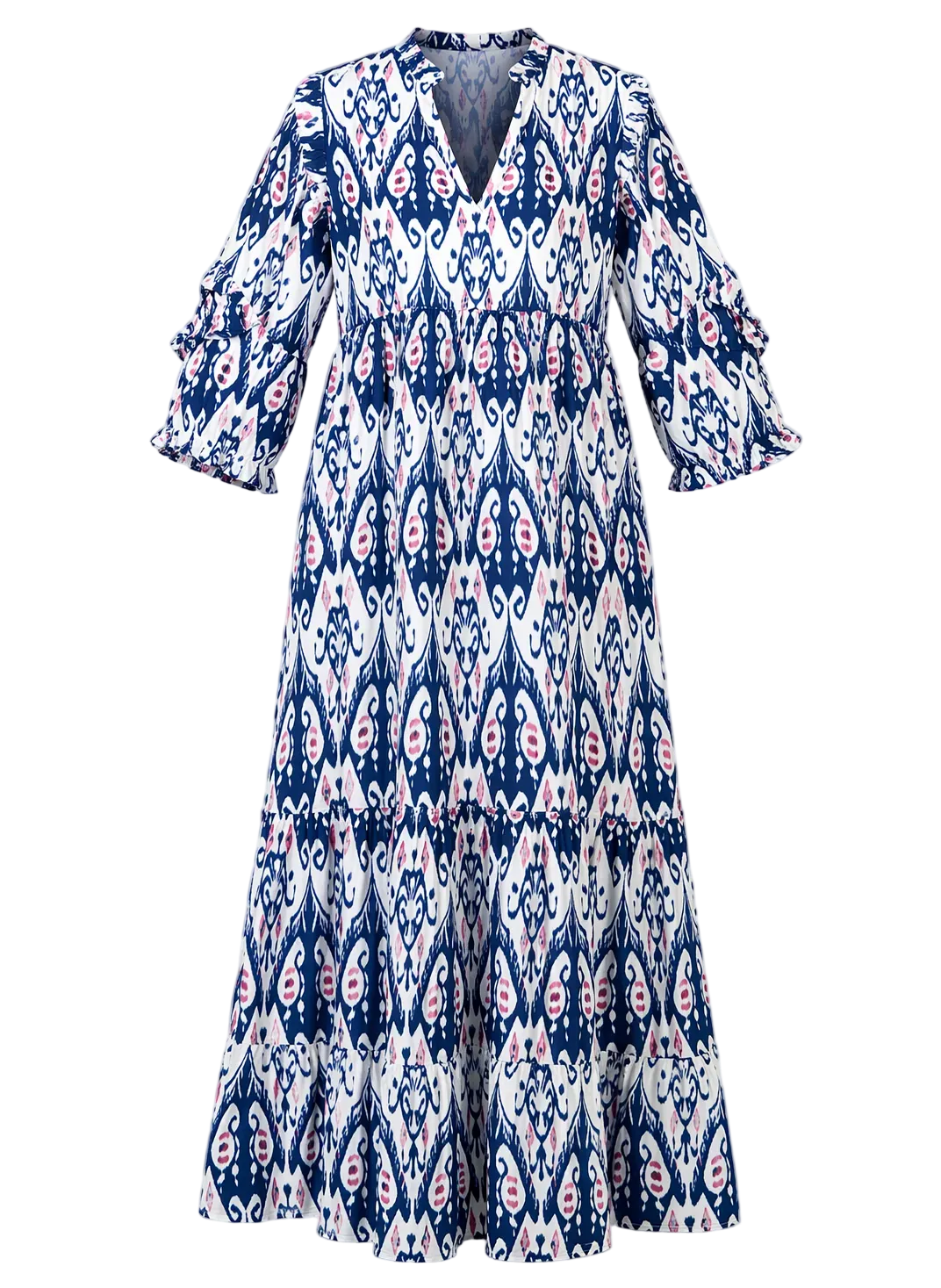 Long dress with a blue and white pattern on a gray background