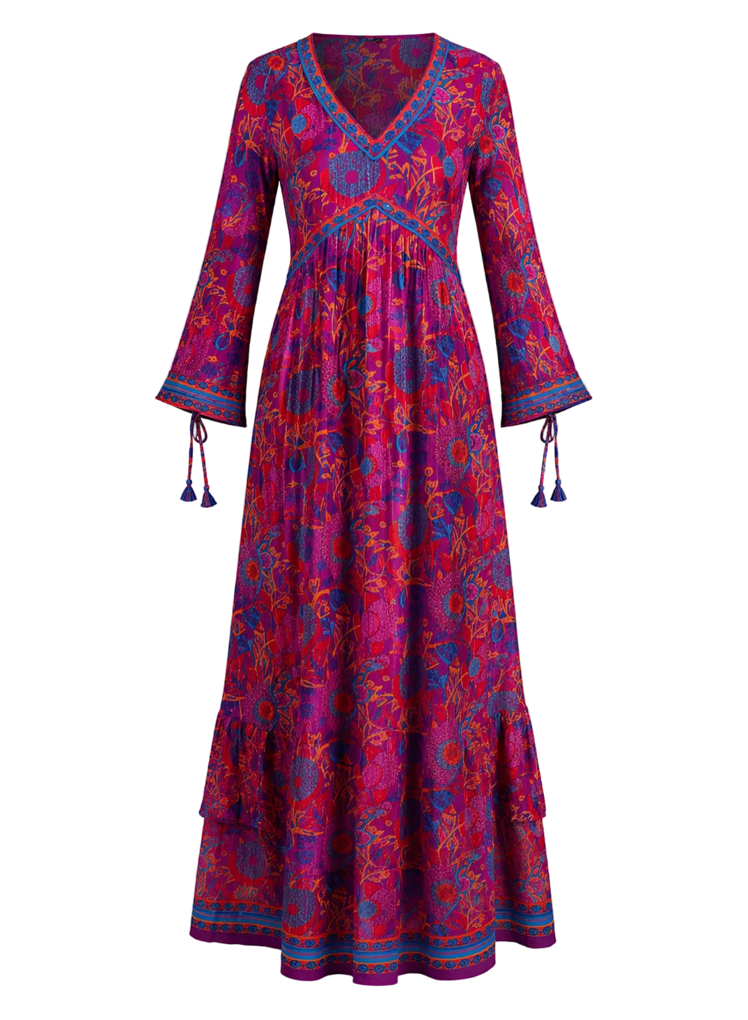 Long, patterned dress with bell sleeves on a gray background