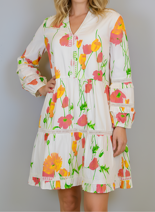 Alison Longsleeve Dress- Falling floral- White/Multi