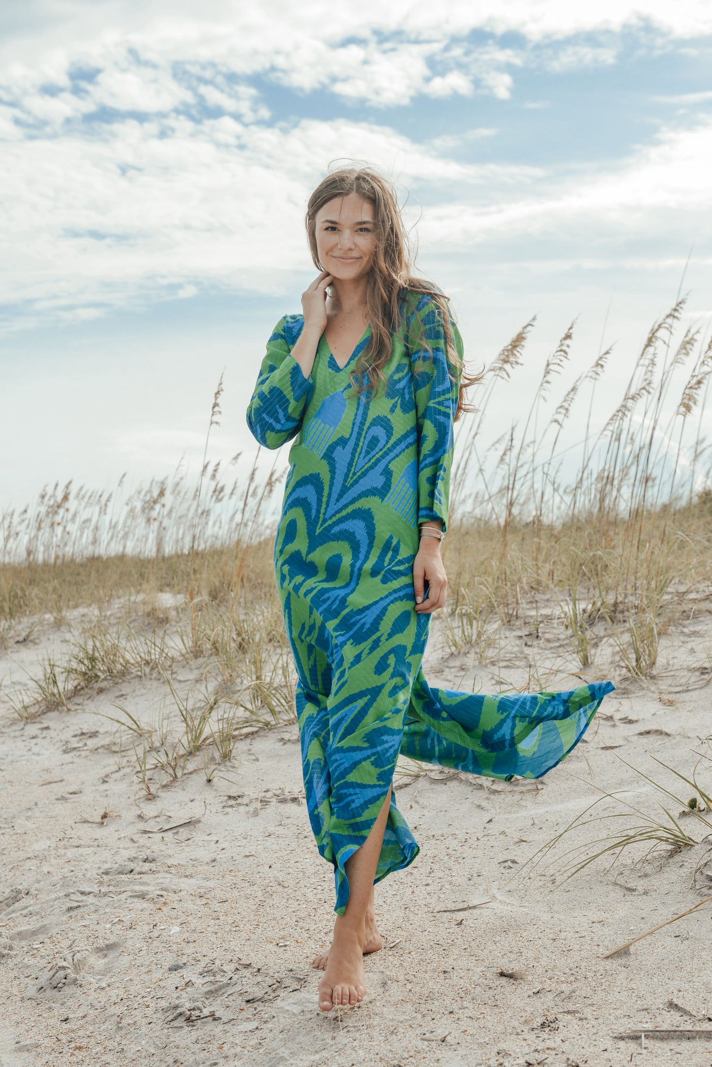 V-Neck Bias Maxi Dress- Ikat Heart- Green/Blues