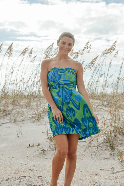 Ruched Strapless Dress- Ikat Heart- Green/Blues