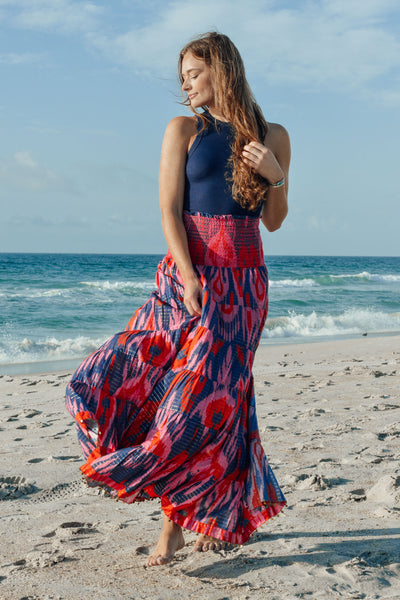 Jaipur Maxi Skirt - Ikat Chandelier - Navy/Red/Fuchsia Pink