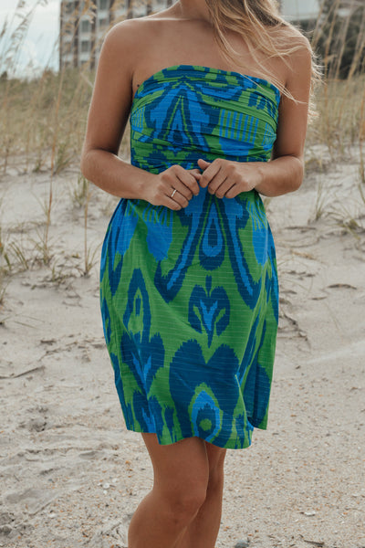 Ruched Strapless Dress- Ikat Heart- Green/Blues