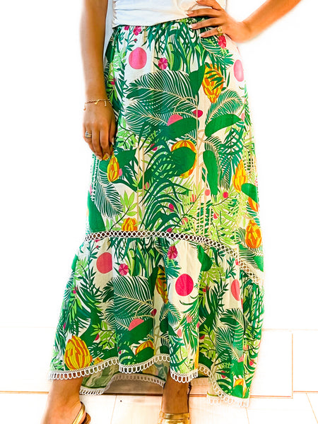 Hi-Lo Maxi Skirt - Banana Jungle - White