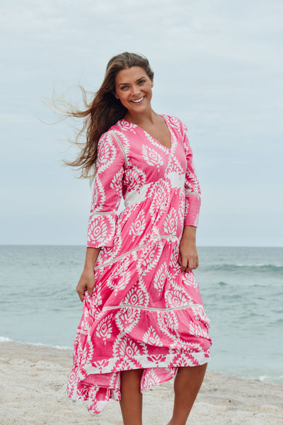 Water Mill Dress- Batik Leaf- Pink/White