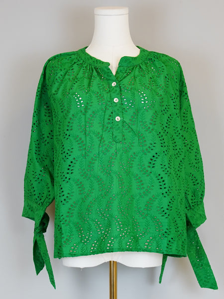 Margot Top With Tie Sleeves - Schiffli Eyelet- Green
