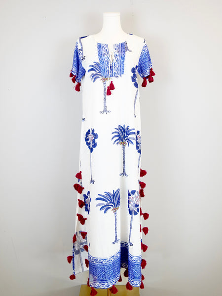 Maharani Maxi Dress - Palm Tree Block Print White and Blues