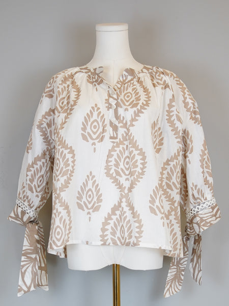 Margot Top with Ties- Batik Leaf- White/Sheer Bliss