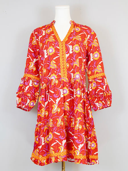Alison Longsleeve Dress - Floral Block Orange, Yellow Multi