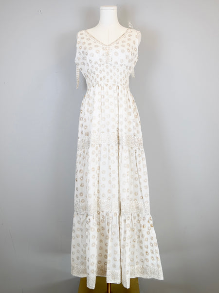Beaufort Tie Top Maxi Dress - White with Metallic Gold Block Print