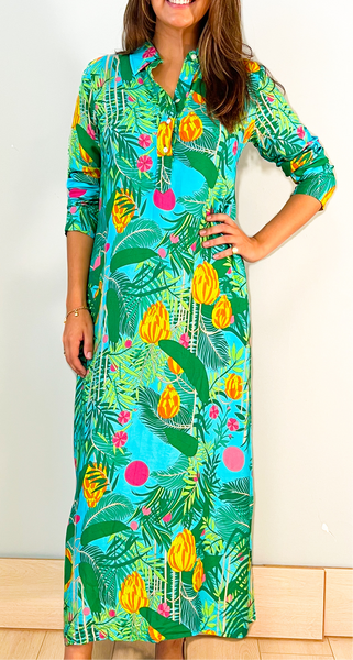 Shirtdress Maxi Dress- Banana Jungle - Capri Turquoise