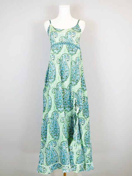 Ruffle Maxi Dress - Double Paisley White, Green and Capri Turquoise