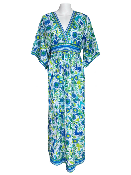 Vintage Kaftan Maxi Dress - Oberon Print - White, Blues & Greens