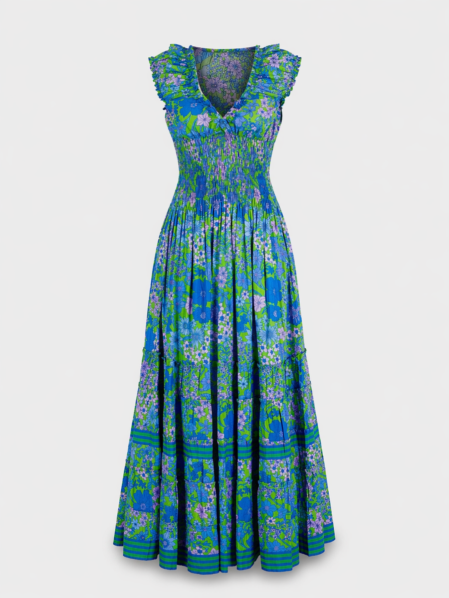 Genevieve Maxi Dress - Meadow Floral Print in Green and Blues