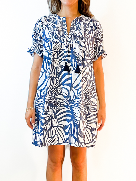 Celerie Dress- Abstract Floral - Navy/White