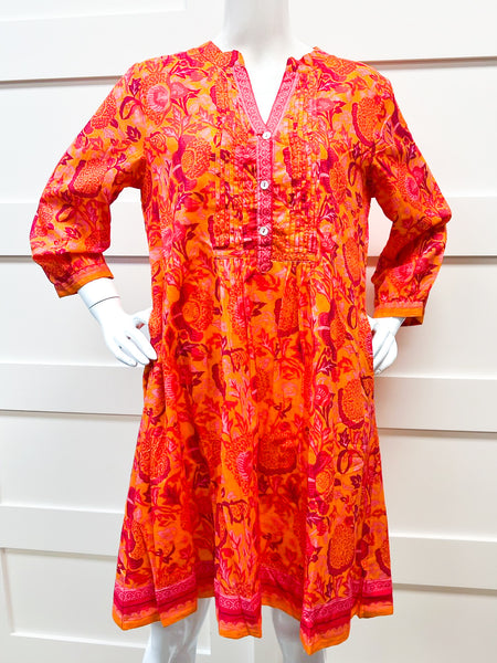 Maye 3/4 Sleeve Dress- Floral Block- Orange/Pink