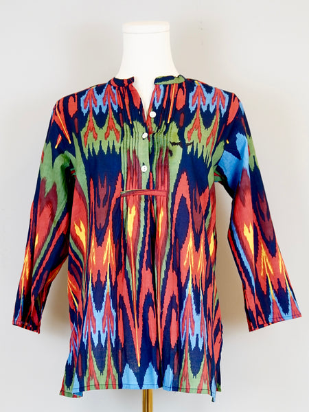 LP Pintuck Top - Ikat Navy Multi