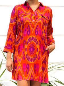 La Jolla Dress - Island Ikat - Orange and Pink