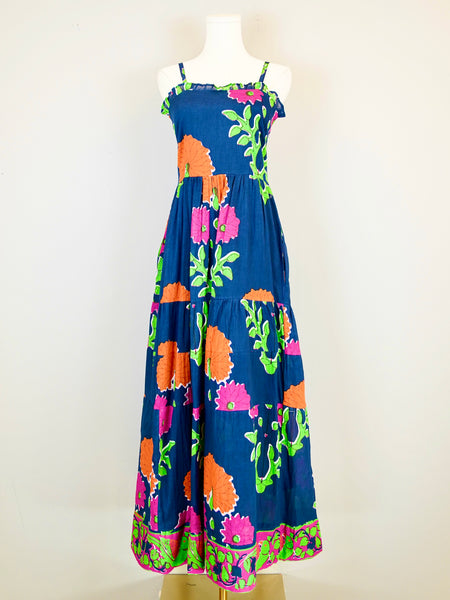 Beaufort Strappy Maxi Dress - Mughal Carnation in Navy, Pink and Orange