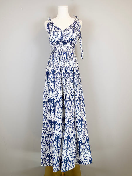 Beaufort Tie Top Maxi Dress - Ikat White, Navy Blue and Periwinkle