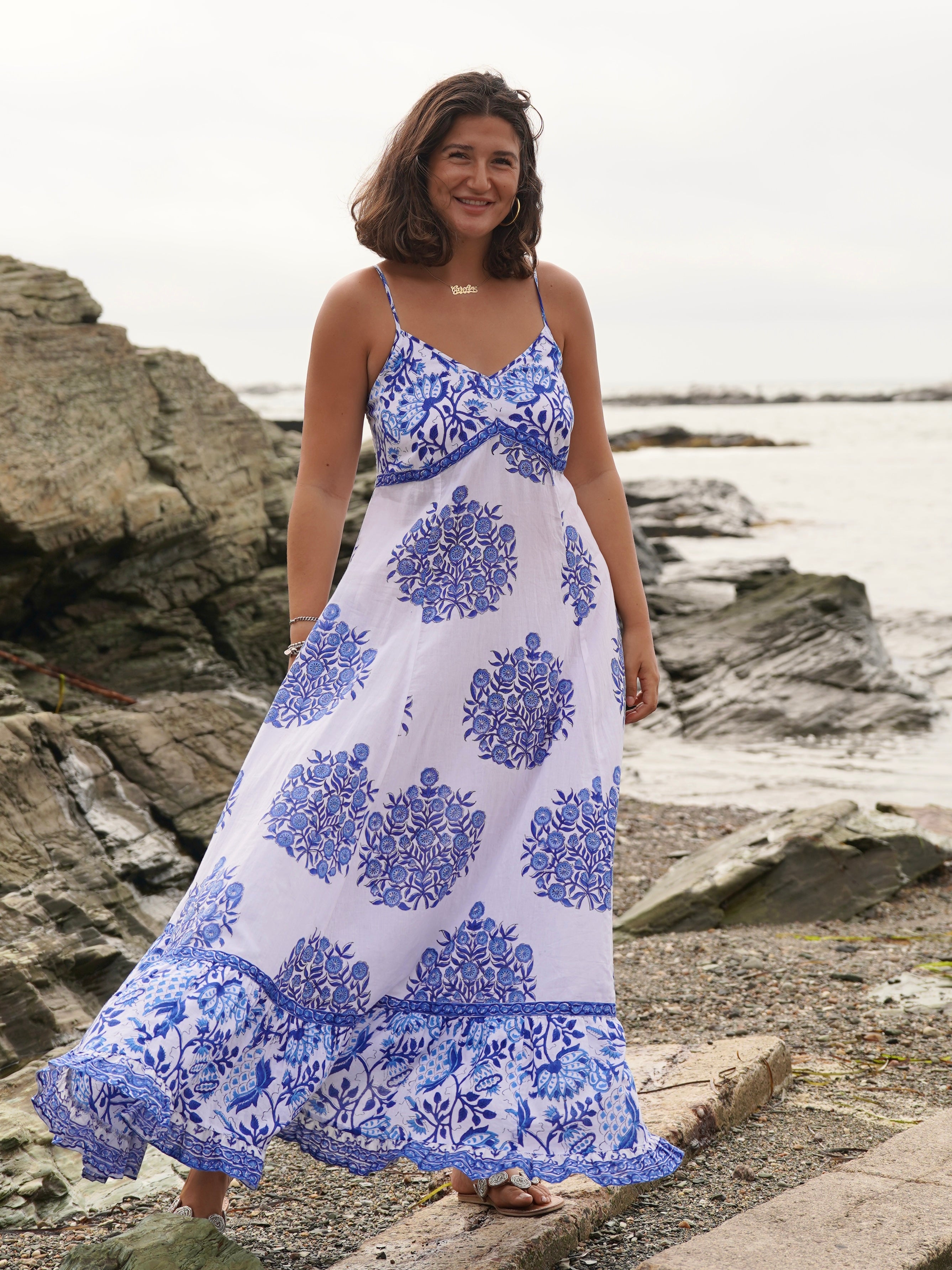 Flagship Maxi Dress - Mixed Block Prints in White with Blues