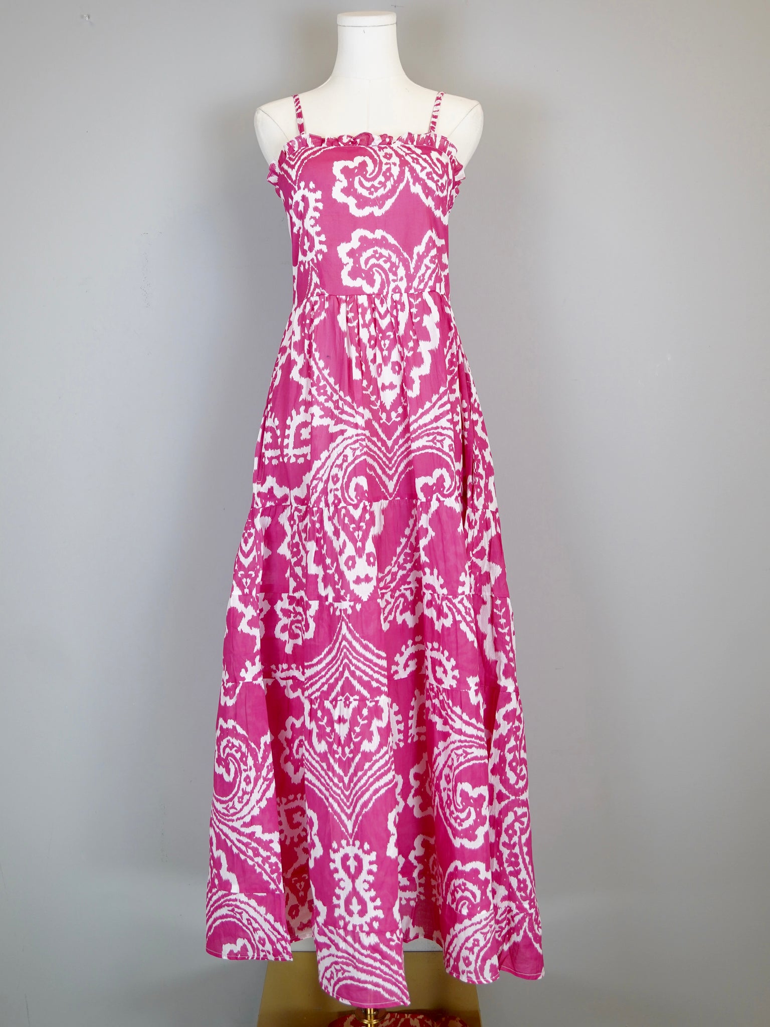 Beaufort Strappy Maxi Dress - Oversized Ikat in Hot Pink/White