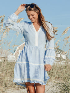 Alison Longsleeve Dress - Seersucker - Blue/White