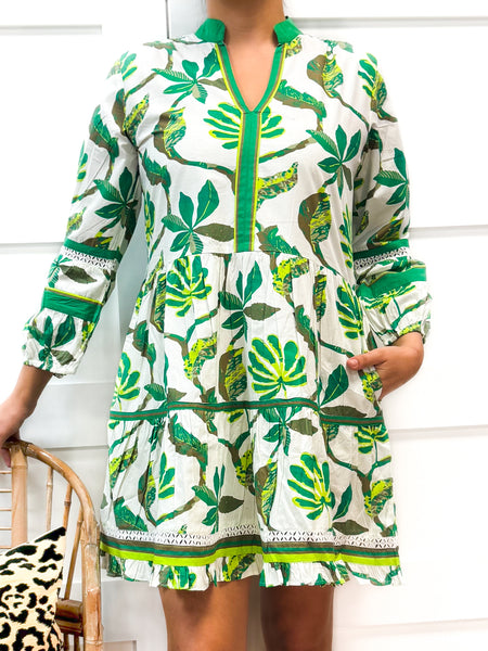 Alison Longsleeve Dress - Jungle Vines - White/Green