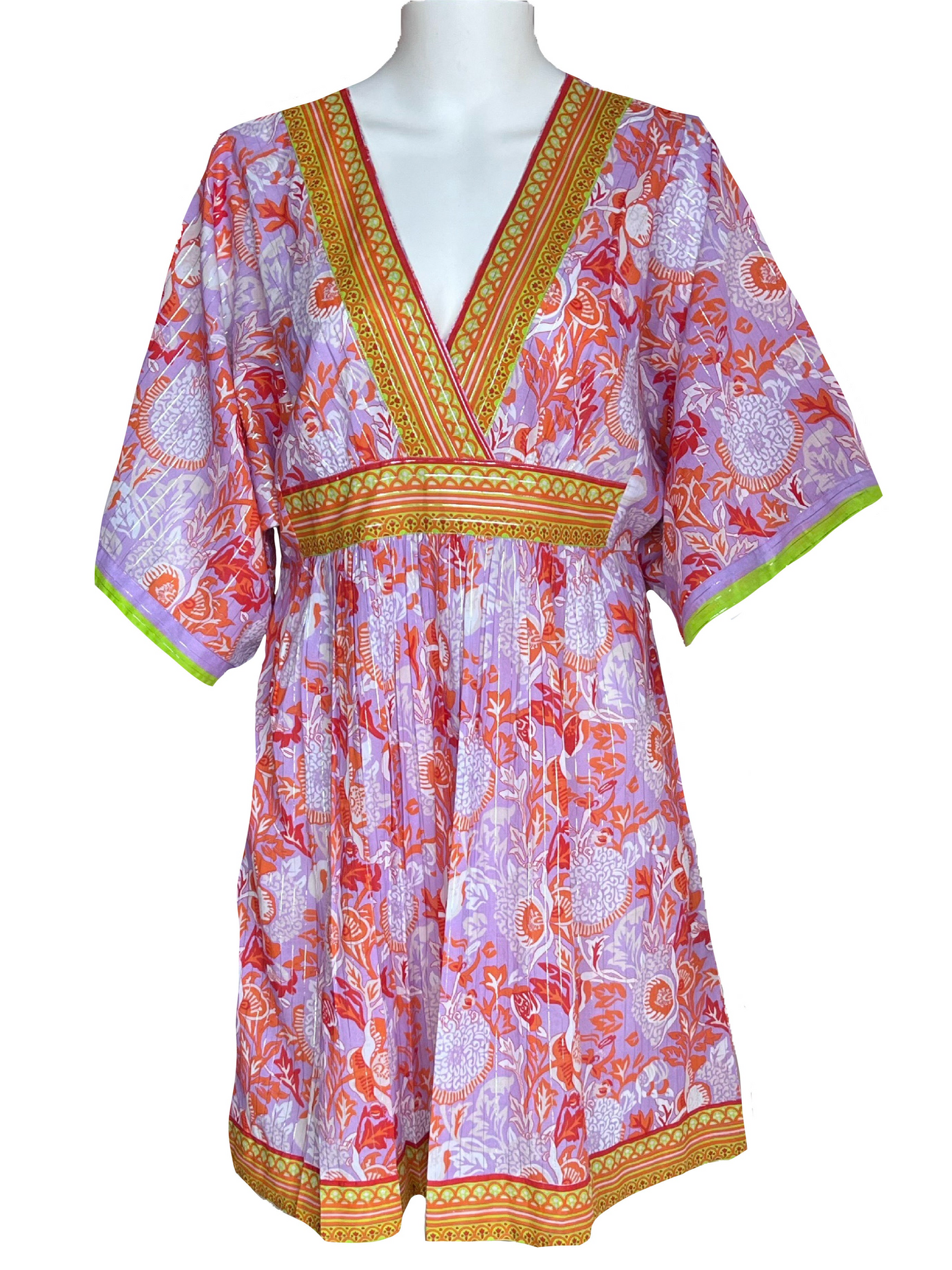 Vintage Kaftan - Short!  Floral Block - Lilac, Orange and Kiwi