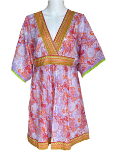 Vintage Kaftan - Short!  Floral Block - Lilac, Orange and Kiwi