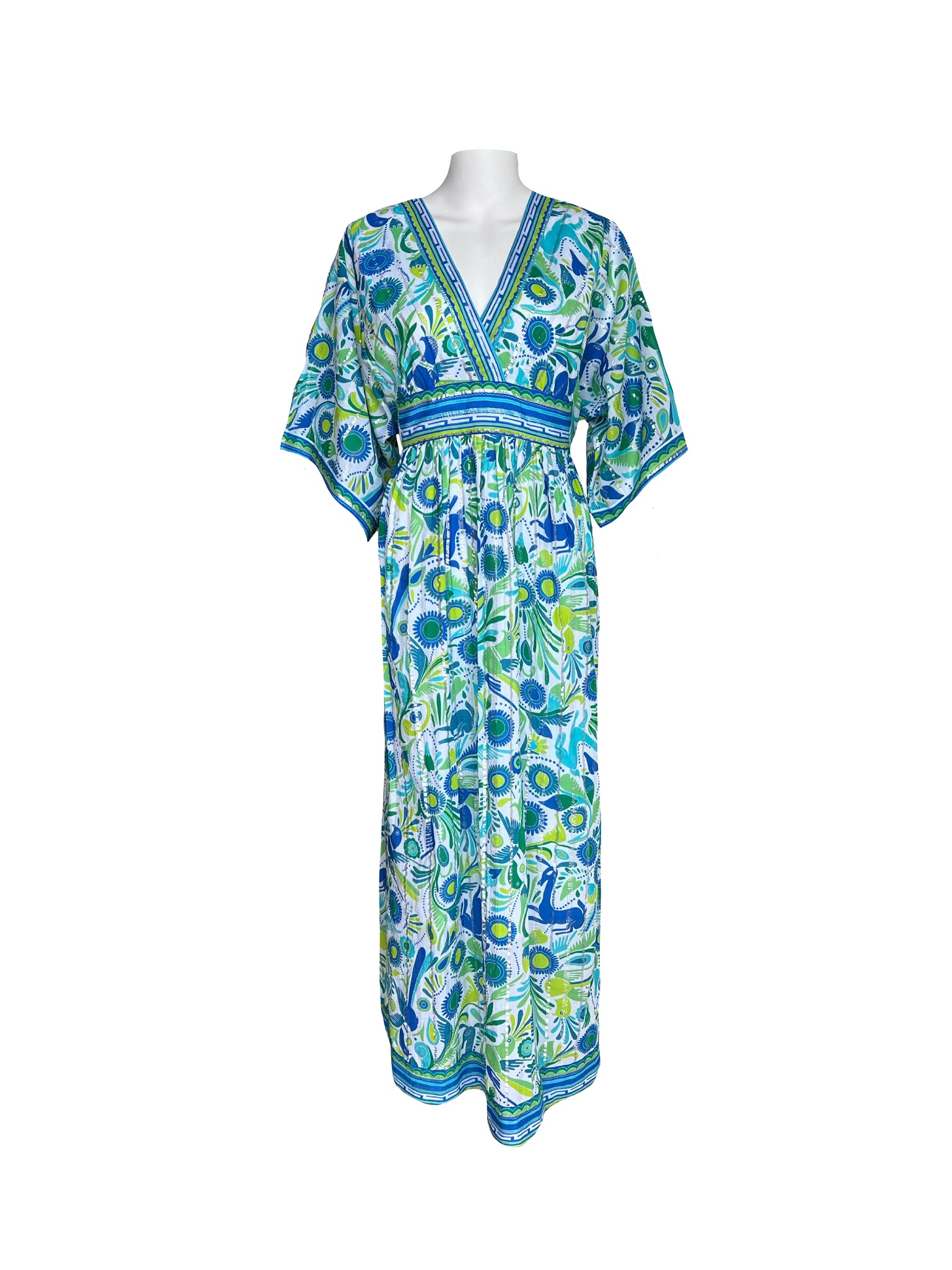 Vintage Kaftan Maxi Dress - Oberon Print - White, Blues & Greens