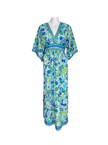 Vintage Kaftan Maxi Dress - Oberon Print - White, Blues & Greens