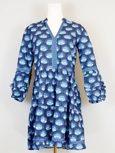 Alison Longsleeve Dress - Eye Print Navy, Blues