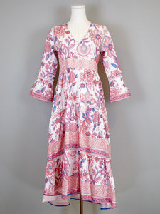 Water Mill Dress- Floral Block- White with Coral Pinks and Periwinkle